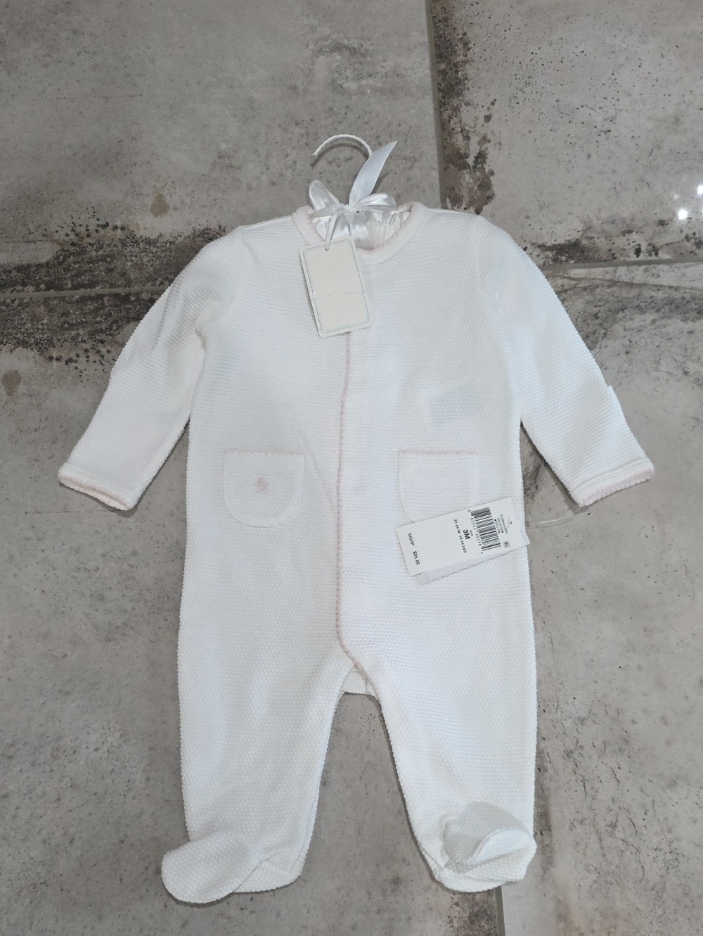 NWT 3M $85 Ralph Lauren White Baby Footed One-Piece with Pale Pink Trim